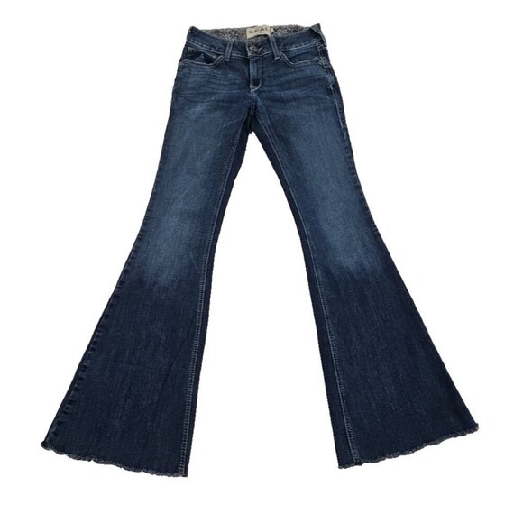 Ariat Real Denim Women's Jeans Size 28R Med Wash Flair Leg Raw Hem Heavy Stitch - Picture 1 of 16